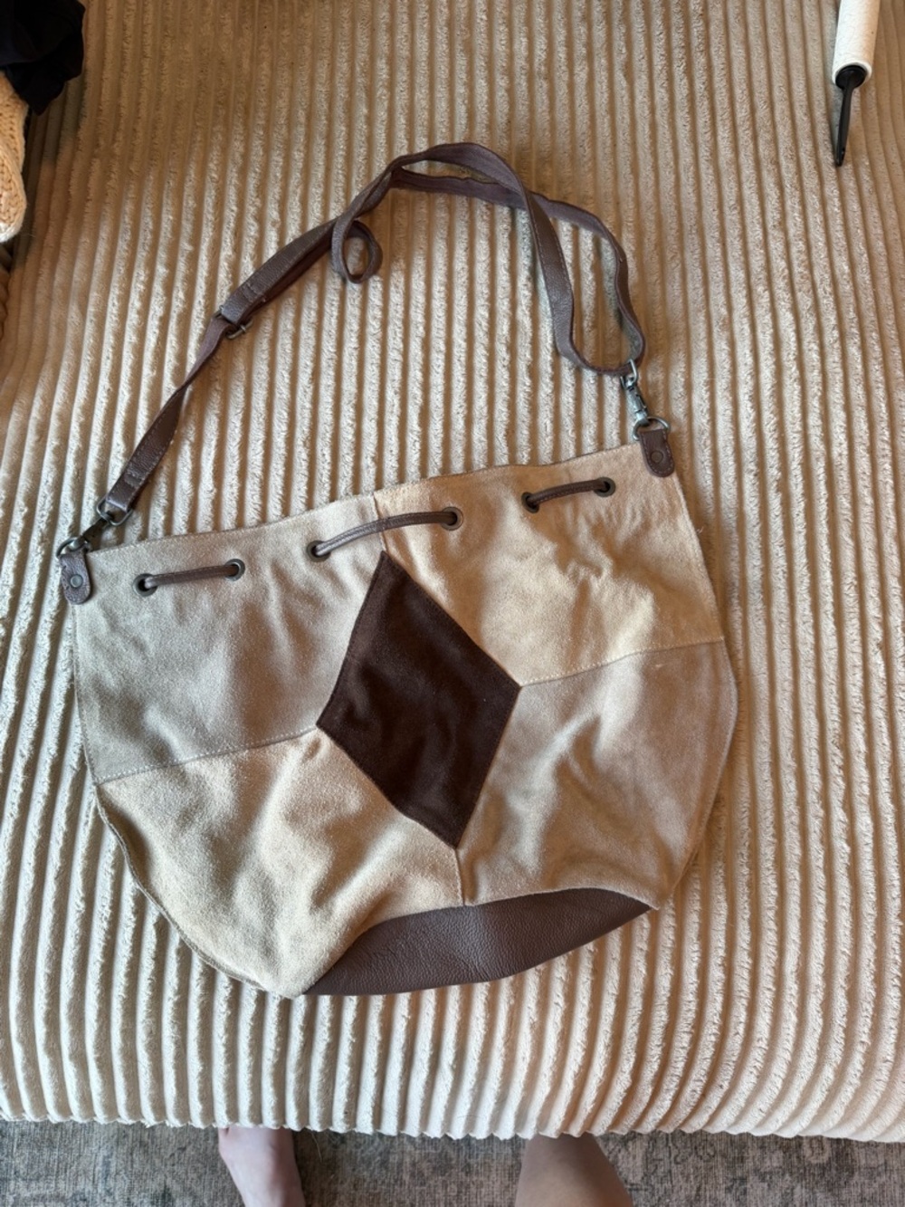 Free People Beige Canvas Crossbody with Brown Leather Diamond